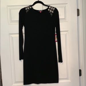 Vince Camuto Black Long Sleeve Studded Shoulder Dress